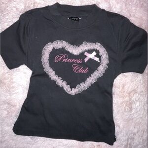 Princess Club Black Tee with Pink Heart Appliqué